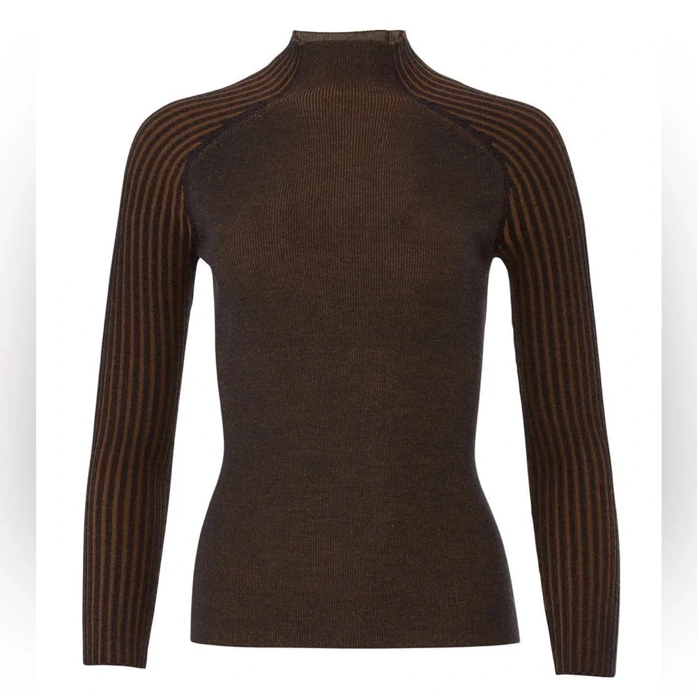 DREYDEN Wool Sweater‎ Contrast Stripe Rib Knit Lightweight Slim Fit Mockneck XL